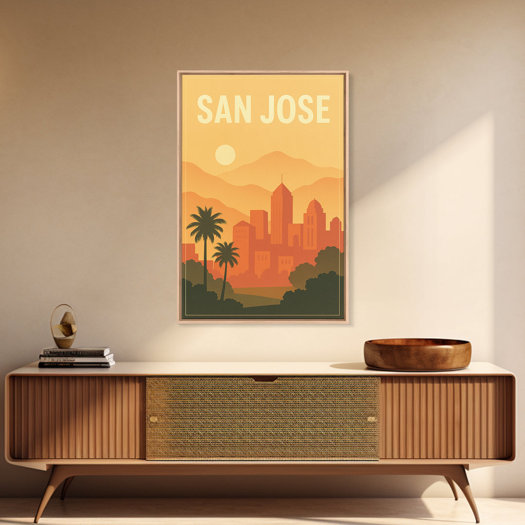San Jose California Travel Poster, Framed Canvas Print, Retro Sunset Skyline Art, San Jose Poster Print, Fine Art Print, Vintage City Art