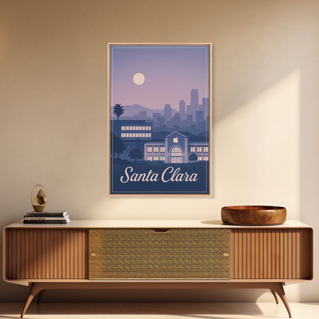 Santa Clara Travel Poster, Framed Canvas Print, Retro Sunset Skyline Art, Santa Clara Wall Art, Living Room Wall Art, Vintage City Art