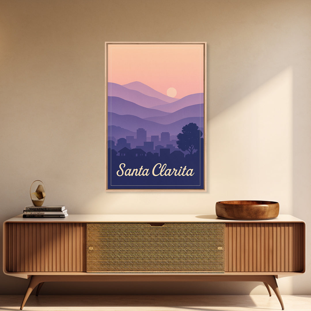 Santa Clarita Travel Poster, Framed Canvas Print, Retro Sunset Skyline Art, Santa Clarita Art Print, Travel Wall Decor, Modern Wall Decor