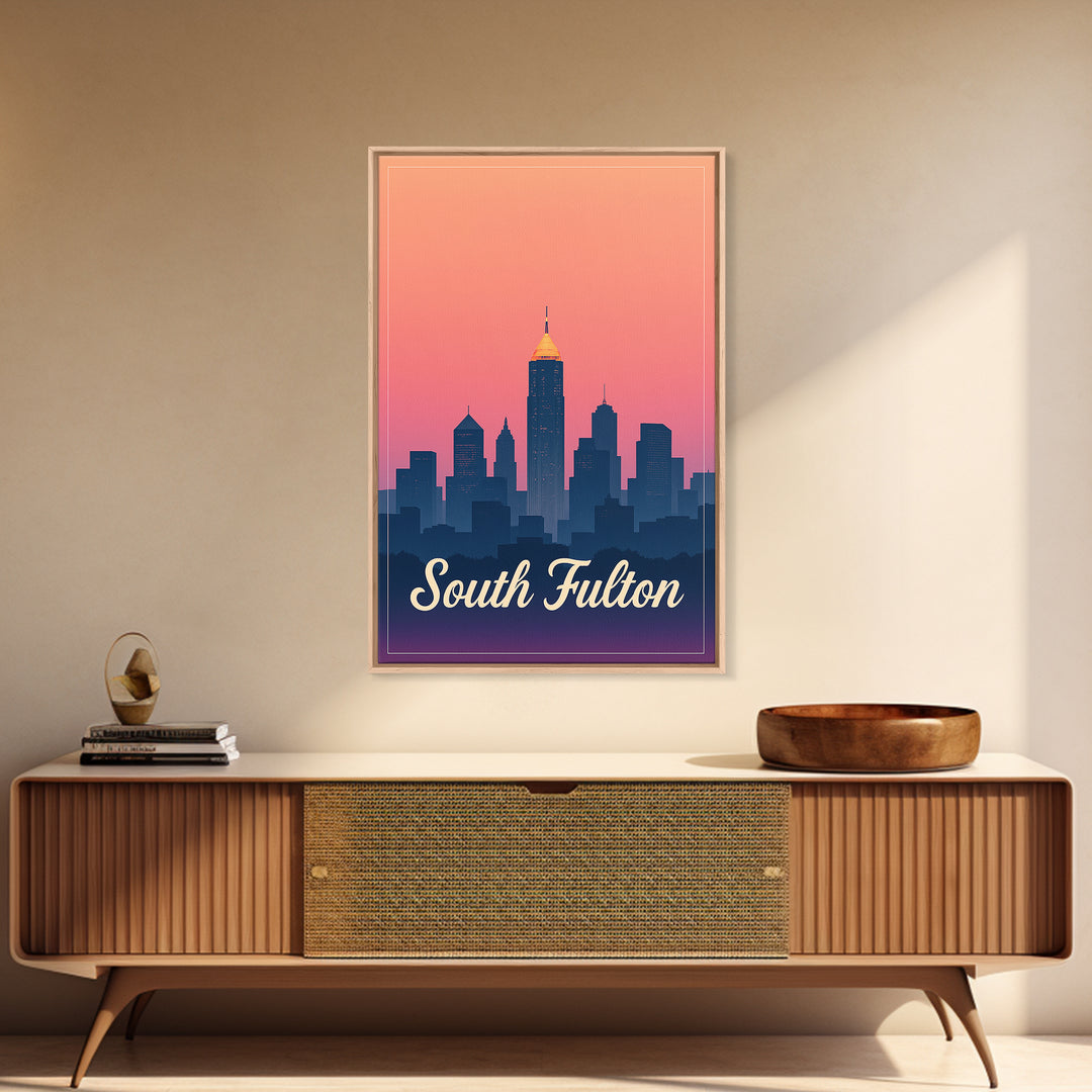 South Fulton Georgia Travel Poster, Canvas Print, Retro Sunset Skyline Art, South Fulton Wall Art, Gift For Travelers, Mid Century Wall Art