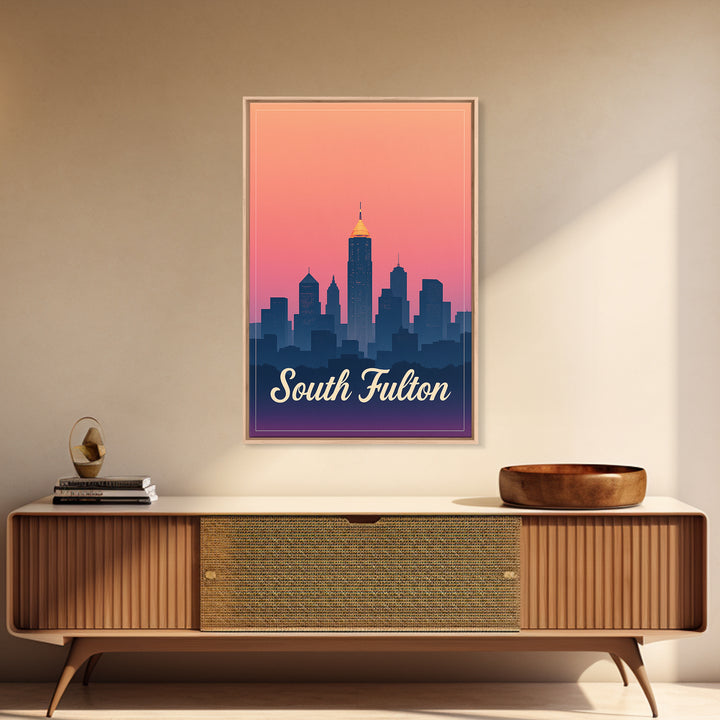 South Fulton Georgia Travel Poster, Canvas Print, Retro Sunset Skyline Art, South Fulton Wall Art, Gift For Travelers, Mid Century Wall Art
