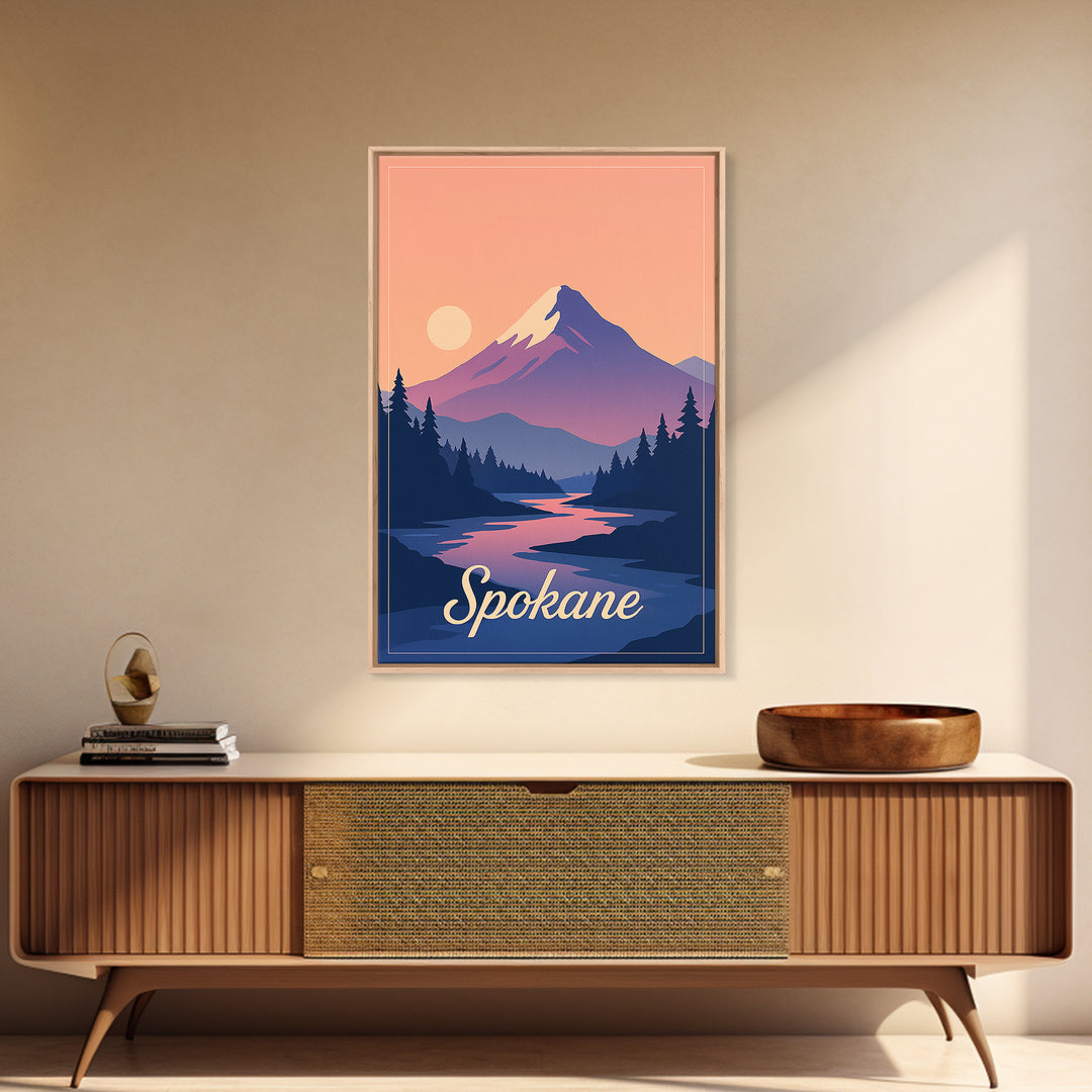 Spokane Washington Travel Poster, Canvas Print, Retro Sunset Skyline Art, Spokane Travel Art, Retro Travel Print, Watercolor Urban Skyline