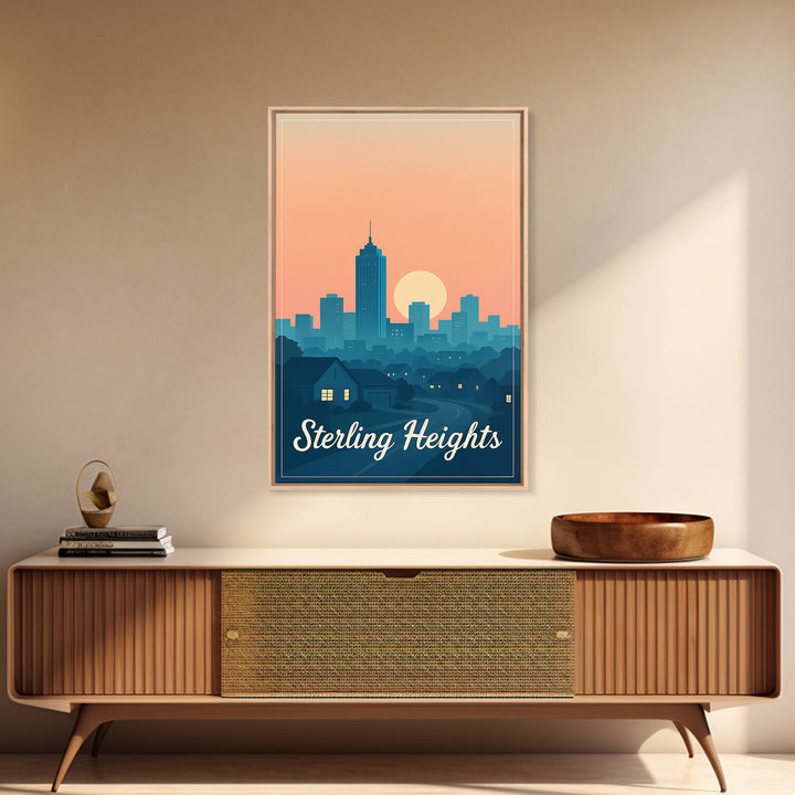 Sterling Heights Michigan Travel Poster, Framed Canvas Print, Retro Sunset Skyline Art, Sterling Heights Wall Art, City Travel Prints