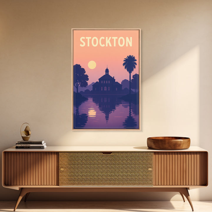 Stockton California Travel Poster, Framed Canvas Print, Mid Century City Wall Art, Stockton City Art, Wanderlust Decor, Gift For Travelers