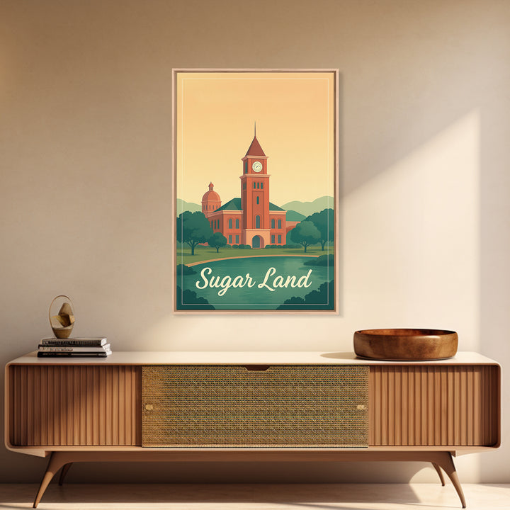 Sugar Land Texas Travel Poster, Framed Canvas Print, Mid Century City Wall Art, Sugar Land Travel Art, Travel Poster Art, Gift For Travelers