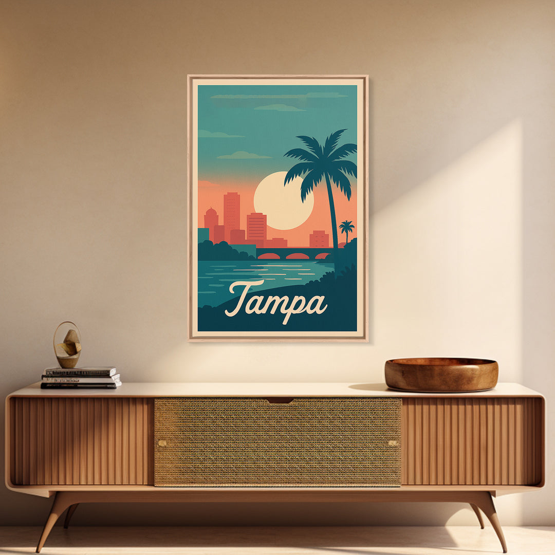 Tampa Florida Travel Poster, Canvas Print, Retro Sunset Skyline Art, Tampa Wall Art, Retro Travel Print, Vintage City Art, Travel Poster Art