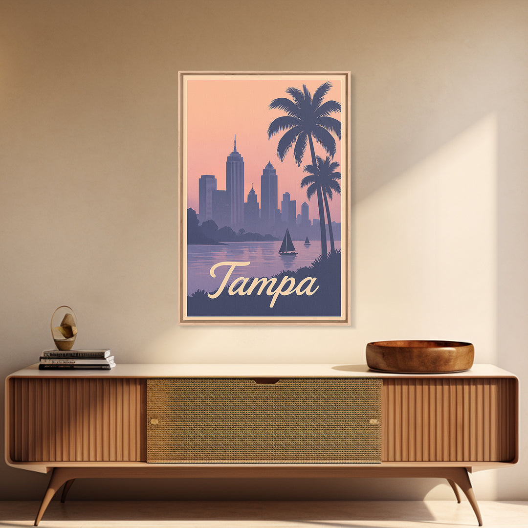 Tampa Travel Poster, Framed Canvas Print, Mid Century City Wall Art, Tampa Wall Art, City Travel Prints, City Illustration, City Art Print