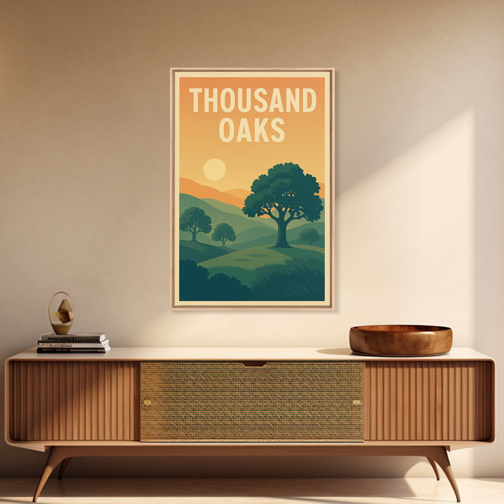 Thousand Oaks Travel Poster, Framed Canvas Print, Retro Sunset Skyline Art, Thousand Oaks Art Print, Vintage City Poster, Retro Travel Print