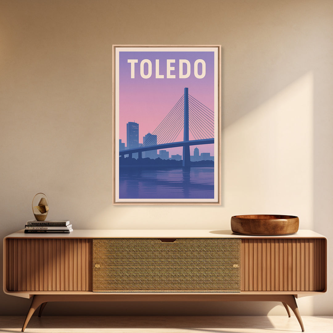 Toledo Ohio Travel Poster, Canvas Print, Retro Sunset Skyline Art, Toledo Travel Art, Watercolor Cityscape, City Poster, Travel Prints