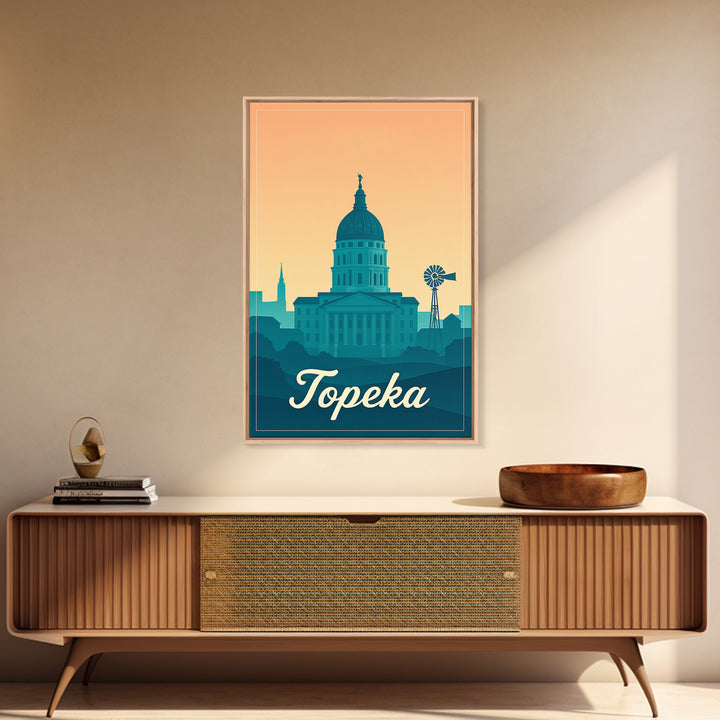 Topeka Kansas Travel Poster, Canvas Print, Retro Sunset Skyline Art, Topeka City Art, Gift For Travelers, Wall Art, Travel Art Print