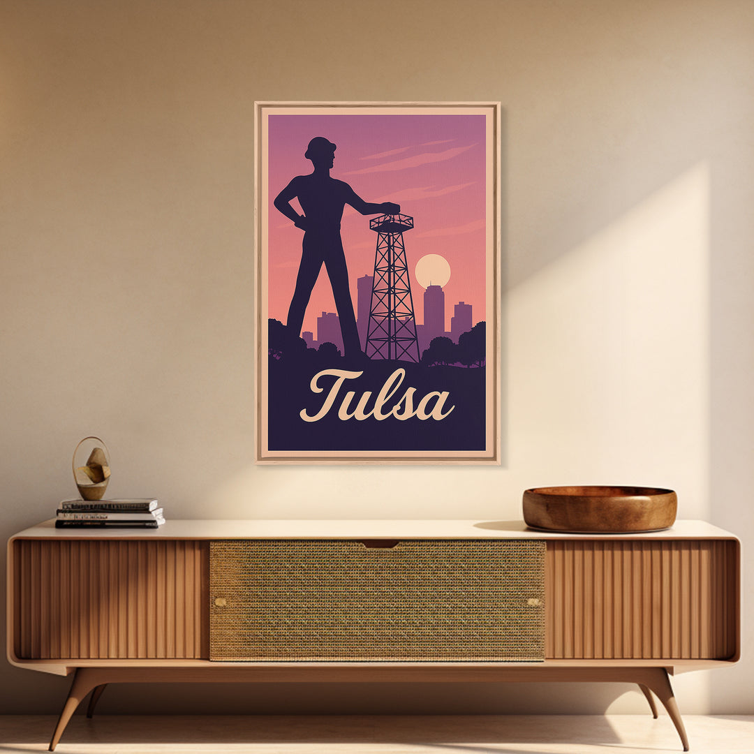 Tulsa Travel Poster, Framed Canvas Print, Retro Sunset Skyline Art, Tulsa Poster Print, Retro Travel Print, City Art Print, Travel Decor
