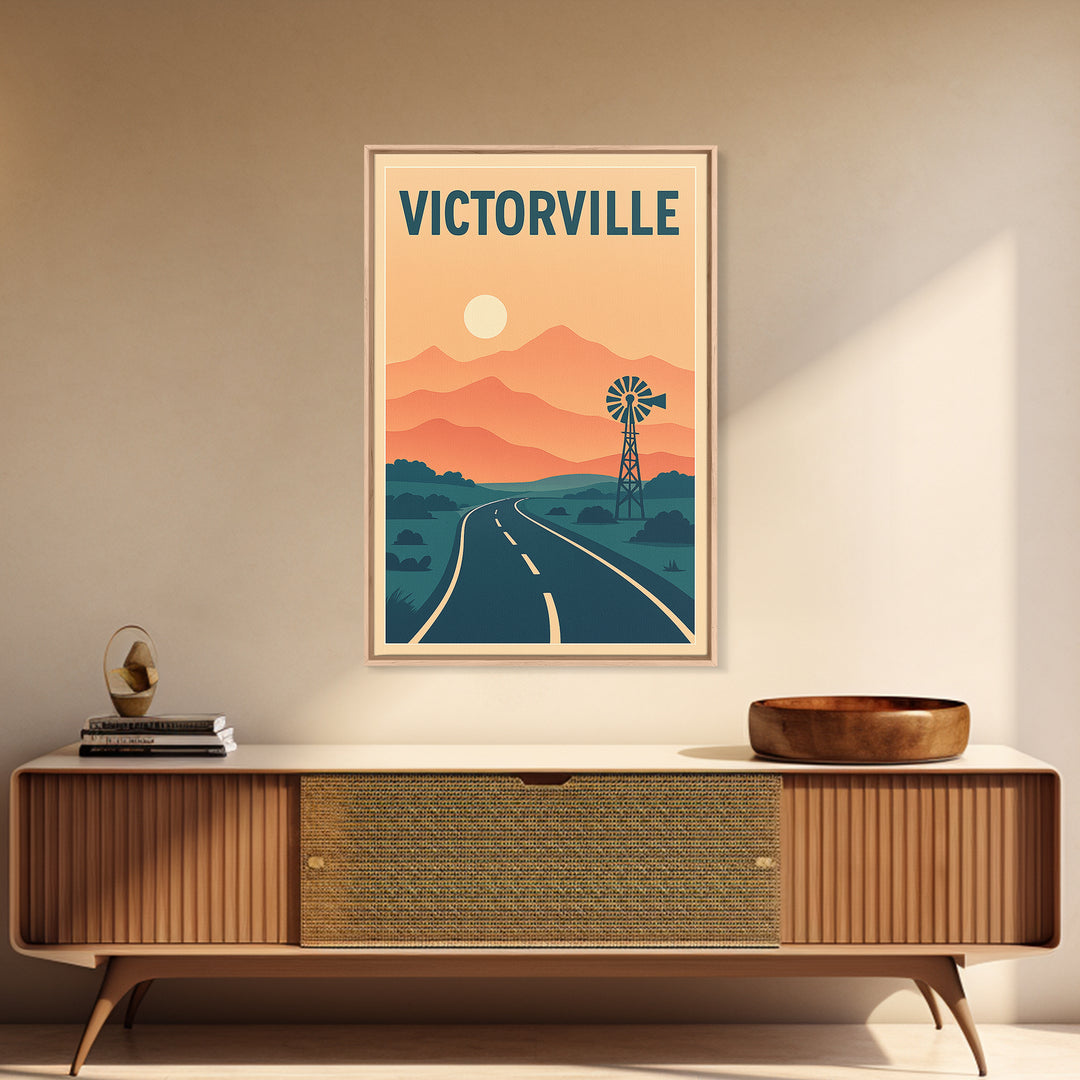 Victorville Travel Poster, Framed Canvas Print, Retro Sunset Skyline Art, Victorville Wall Art, City Art Print, Travel Poster Art
