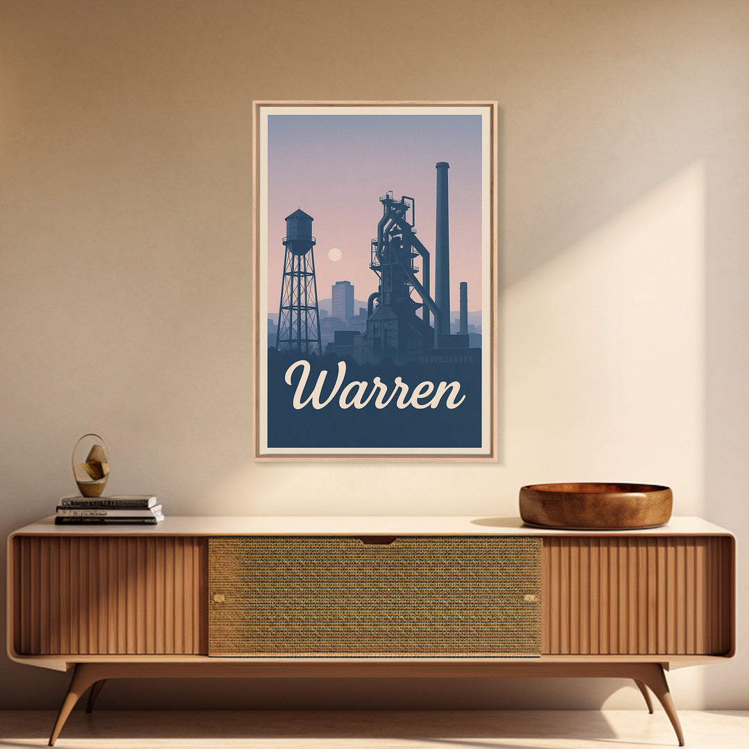 Warren Travel Poster, Framed Canvas Print, Retro Sunset Skyline Art, Warren City Art, Mid Century Wall Art, Modern Wall Decor, Design 2