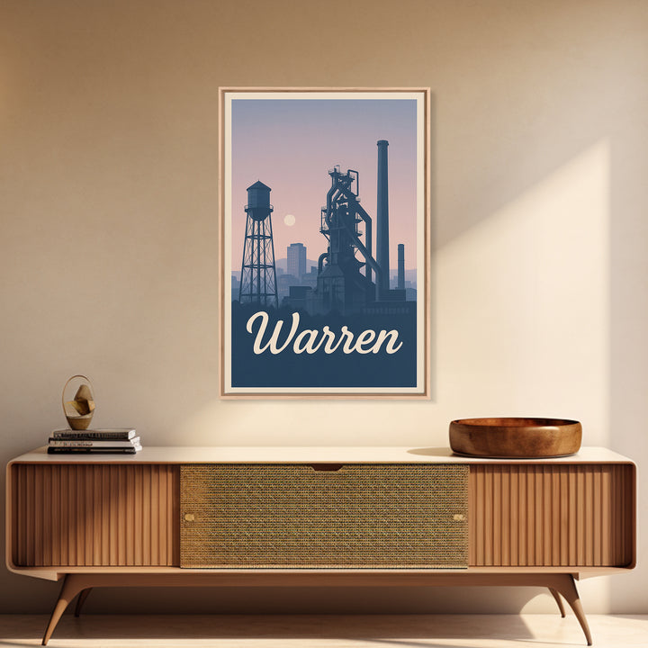 Warren Travel Poster, Framed Canvas Print, Retro Sunset Skyline Art, Warren City Art, Mid Century Wall Art, Modern Wall Decor, Design 2