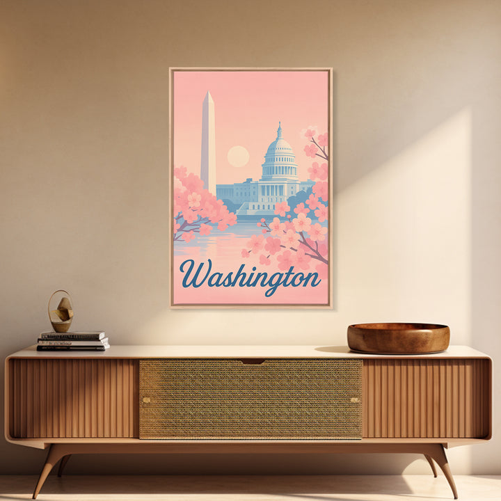 Washington Travel Poster, Framed Canvas Print, Retro Sunset Skyline Art, Washington Poster Print, Vintage City Poster, City Art Print