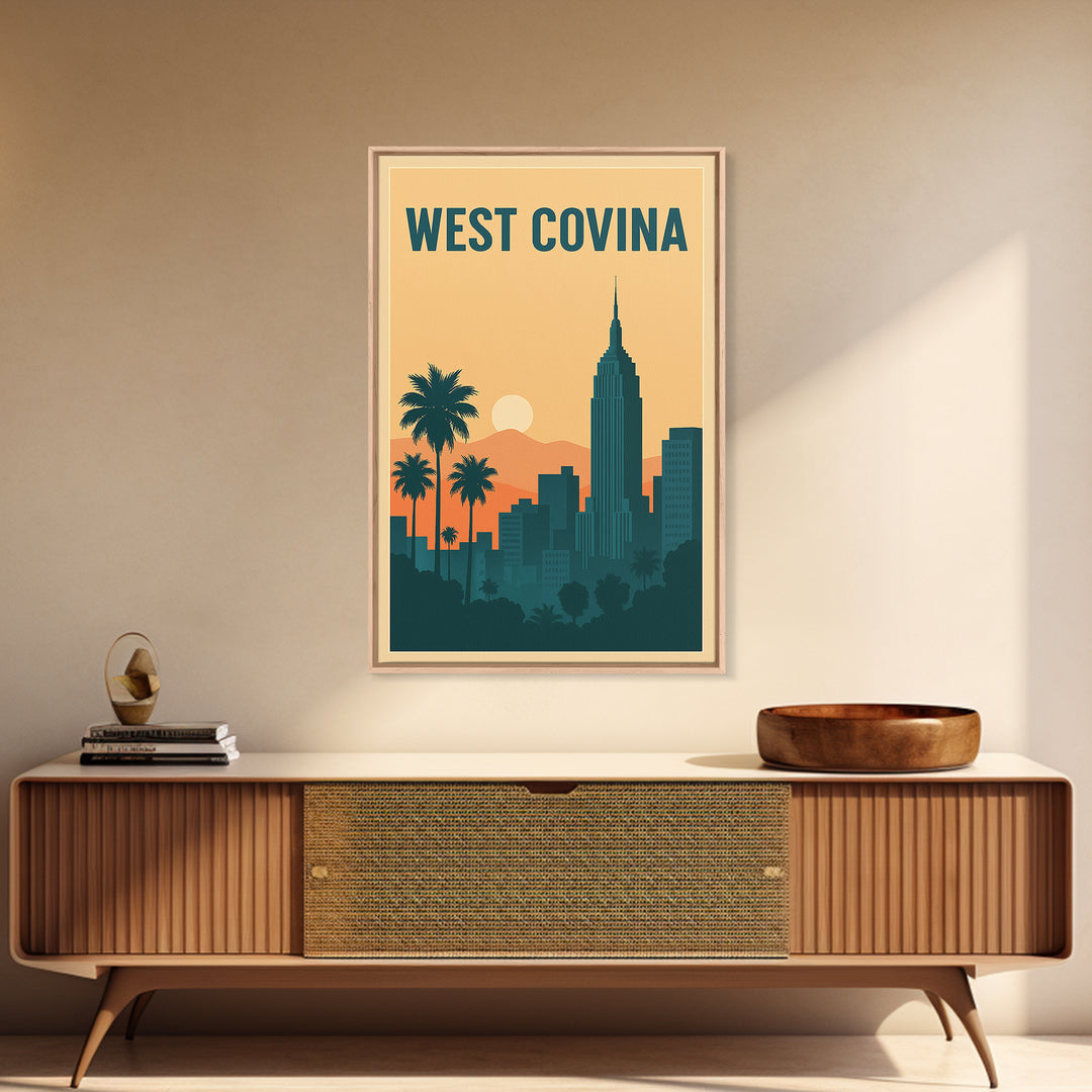 West Covina Travel Poster, Framed Canvas Print, Retro Sunset Skyline Art, West Covina Poster Print, Eclectic Wall Decor, Home Office Decor