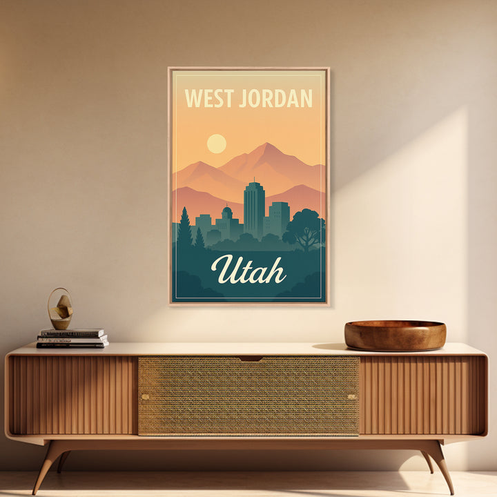 West Jordan Travel Poster, Framed Canvas Print, Retro Sunset Skyline Art, West Jordan Travel Art, City Illustration, Modern Wall Decor