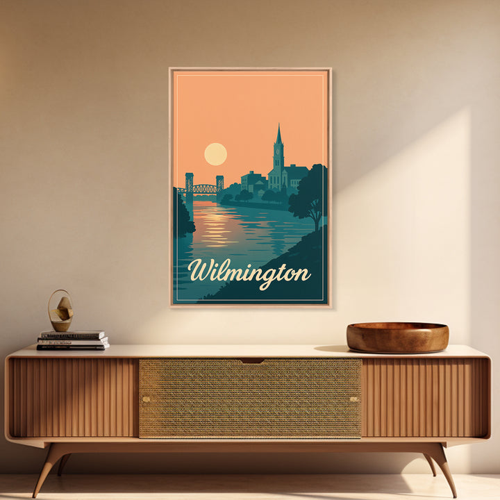 Wilmington North Carolina Travel Poster, Canvas Print, Mid Century City Wall Art, Wilmington Art Print, Wall Art, Watercolor Skyline Art