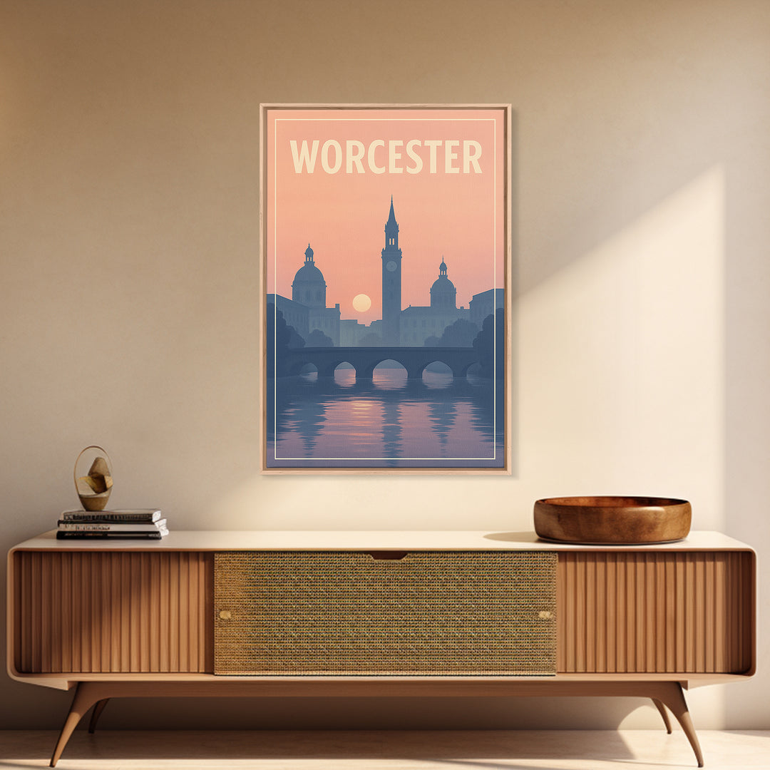 Worcester Massachusetts Travel Poster, Canvas Print, Sunset Skyline Art, Worcester Travel Art, Travel Poster Set, Watercolor City Skyline