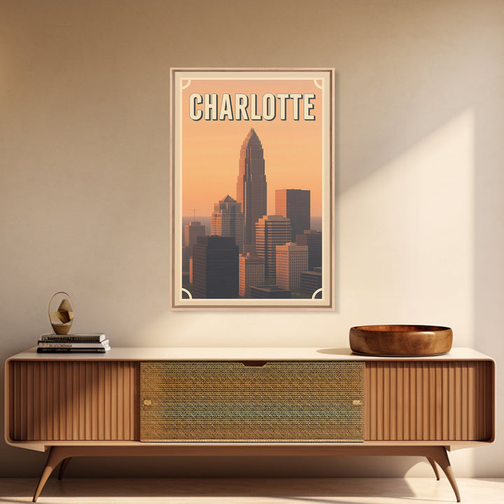Charlotte Travel Poster, Framed Canvas Print, Vintage Theatre Style Art, Charlotte Poster Print, Gift For Travelers, Travel Poster Set