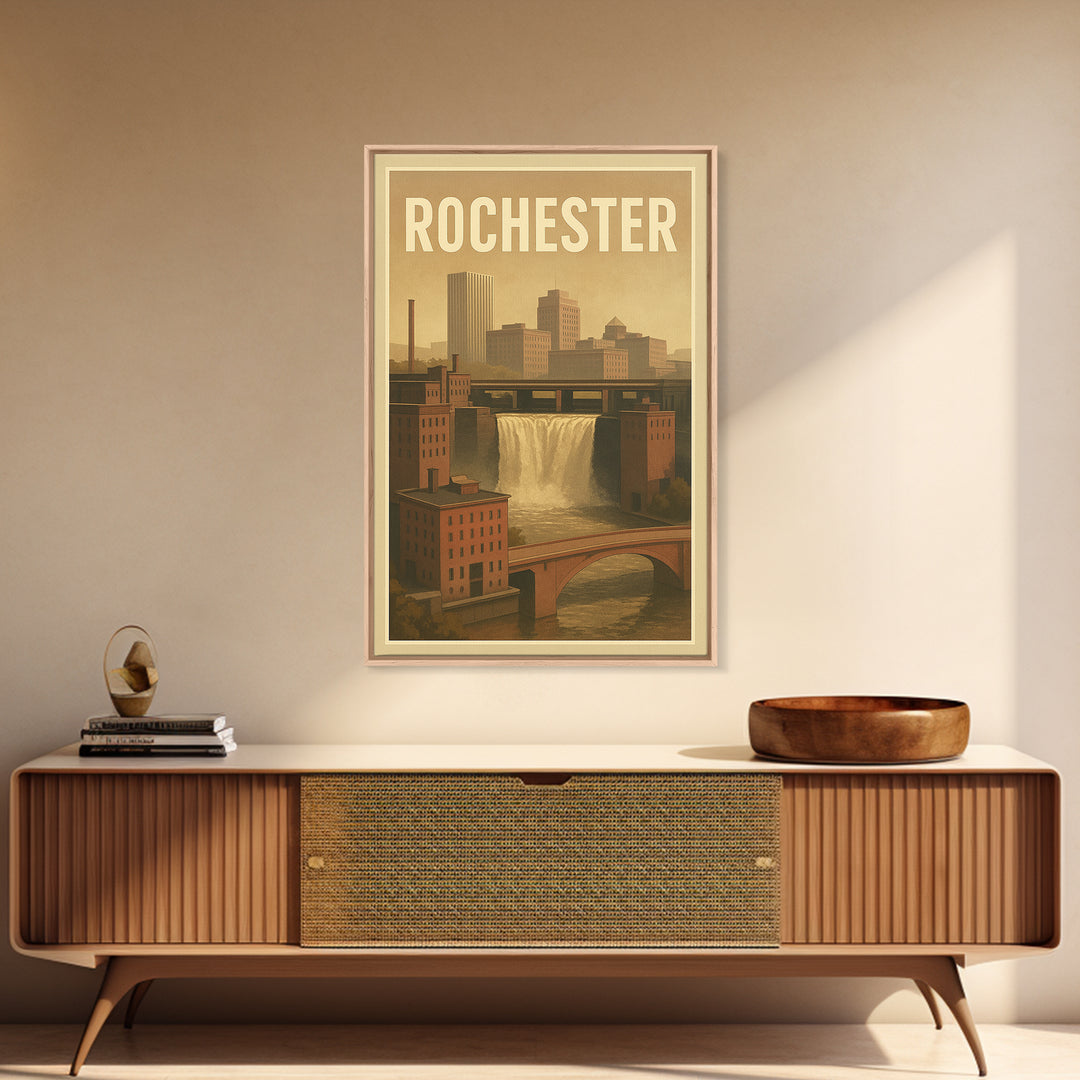Rochester Travel Poster, Framed Canvas Print, Old School Travel Poster, Rochester Travel Art, Vintage City Poster, Retro Travel Print