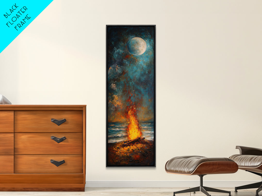 Moonlit Bonfire Canvas Print Rustic Wall Art Coastal Landscape Art Above Sofa Art Tall Narrow Art Nautical Decor Moody Art