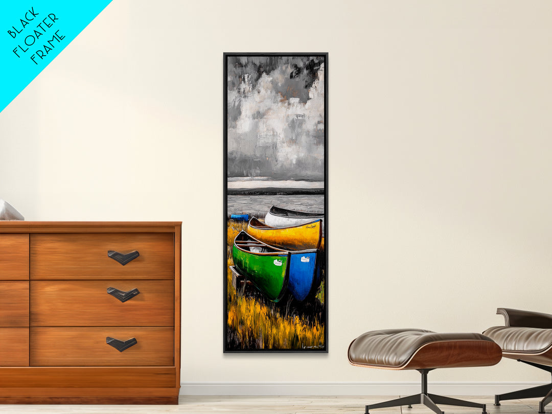 Abstract Canoe Painting Canvas Print Nautical Decor Rustic Wall Art Coastal Landscape Art Blue and Green Wall Art Tall Skinny Art