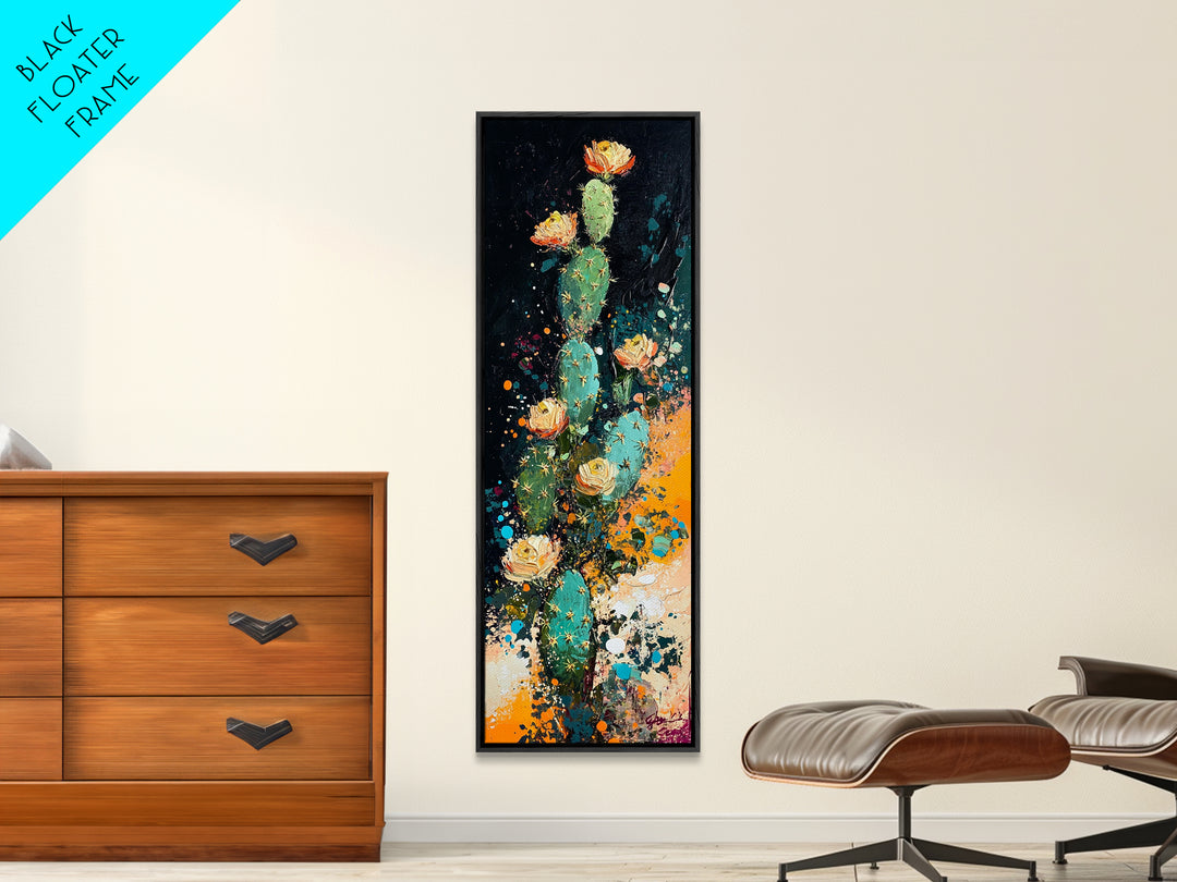 Desert Cactus Bloom Framed Canvas Print Southwest Wall Art Tall Narrow Art Rustic Decor Wildflower Painting