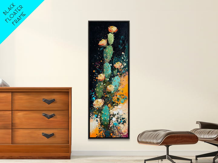 Desert Cactus Bloom Framed Canvas Print Southwest Wall Art Tall Narrow Art Rustic Decor Wildflower Painting