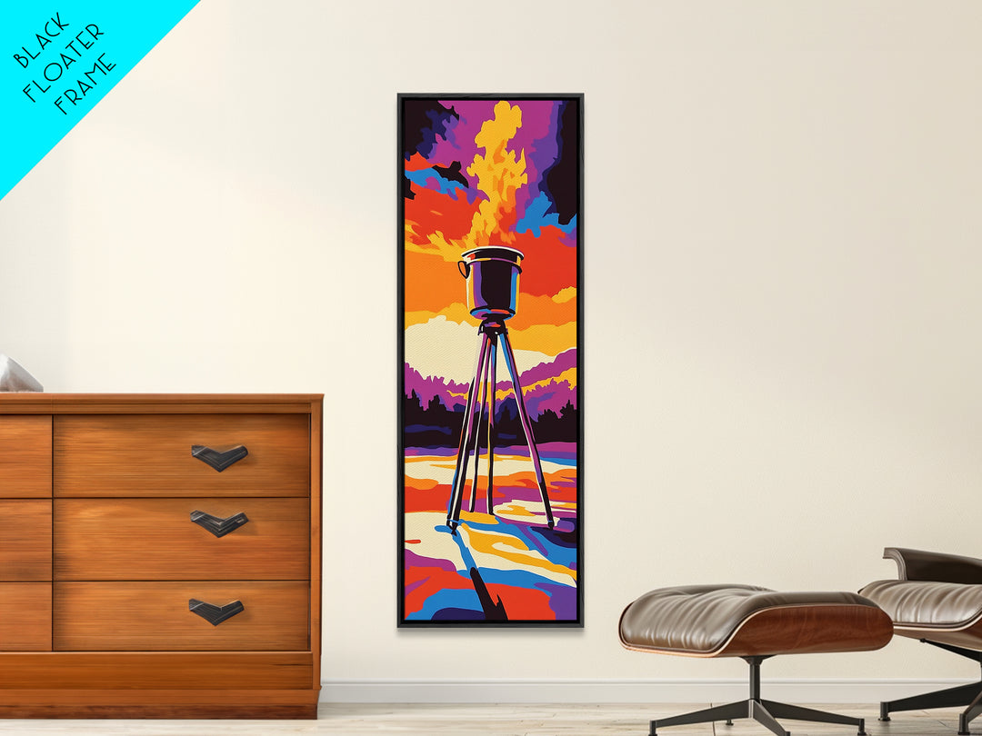 Campfire Under Sunset Framed Canvas Print Southwest Wall Art Rustic Art Moody Art Tall Skinny Art Living Room Art