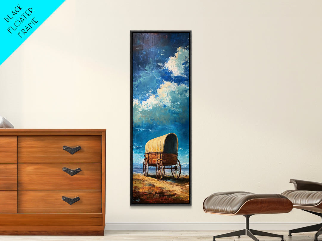 Vintage Covered Wagon Painting Framed Canvas Print, Rustic Wall Art, Farmhouse Art, Moody Art, Landscape Painting, Southwest Wall Art