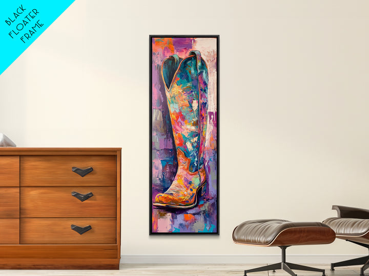 Colorful Cowboy Boot Oil Painting Framed Canvas Print, Whimsical Art, Rustic Wall Art, Extra Wide Art, Southwest Wall Art