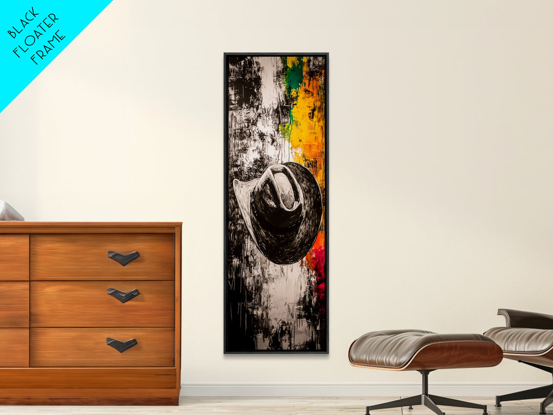 Black and White Cowboy Hat Framed Canvas Print, Moody Art, Southwest Wall Art, Rustic Wall Art, Wabi Sabi Art, Extra Wide Art