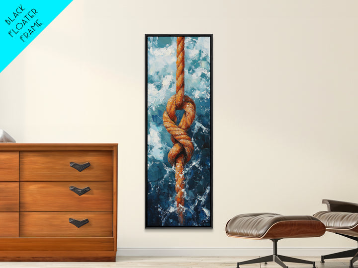 Nautical Rope Knot Painting Framed Canvas Print, Coastal Wall Art, Nautical Decor, Maritime Wall Art, Surf Wall Art, Ocean Art, Extra Wide Art, Rustic Wall Art, Moody Art, Above Couch Art, Gift Idea, Original Painting, Panoramic Art