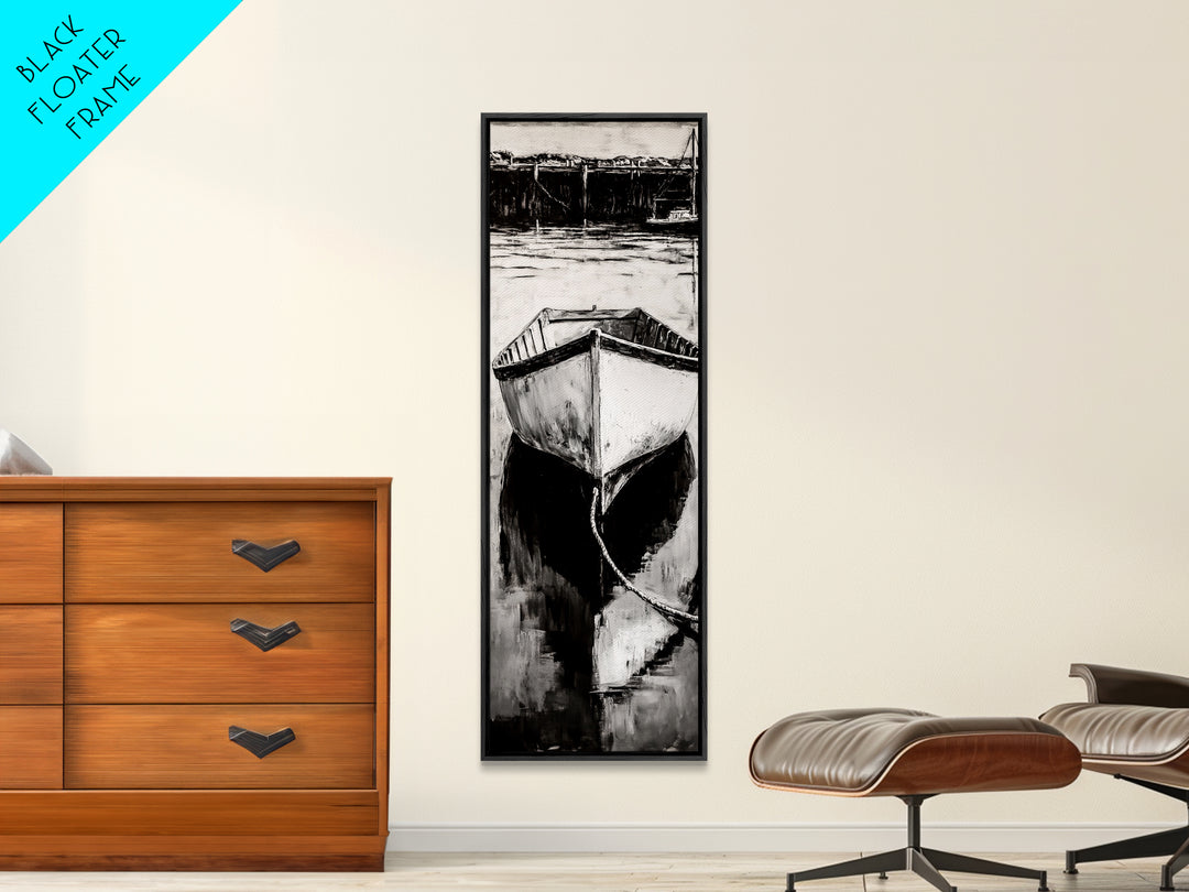 Monochrome Boat Reflection Framed Canvas Print nautical painting moody art coastal wall art nautical wall art gift idea for him