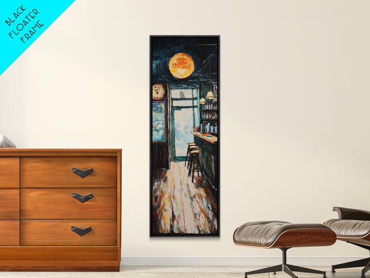 Rustic Bar Scene Framed Canvas Print, Espresso Martini Wall Art, Moody Art, Long Narrow Wall Art, Rustic Decor, Above Sofa Art, Gift Idea