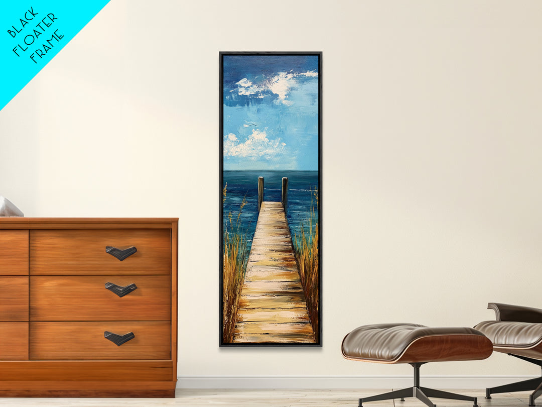Coastal Dock Painting Framed Canvas Print, Nautical Decor, Coastal Landscape Art, Seascape Painting, Blue and Green Wall Art, Bedroom Art