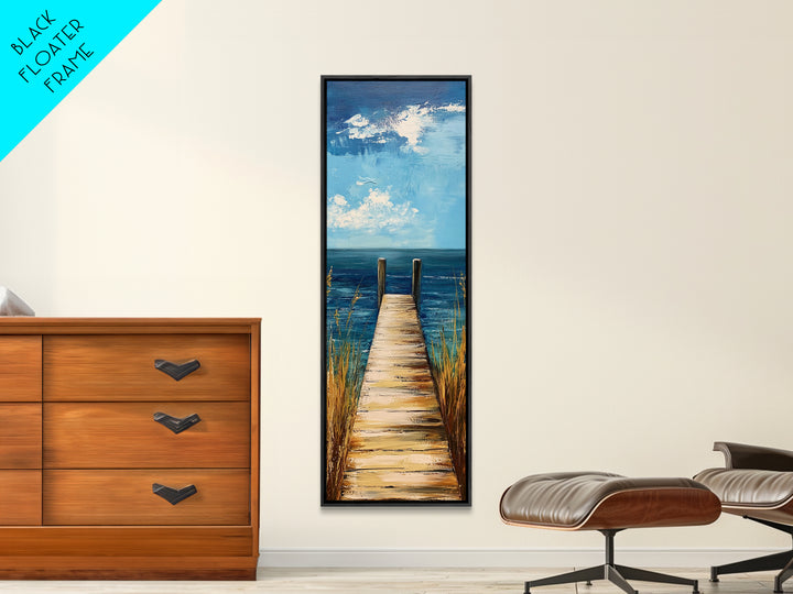 Coastal Dock Painting Framed Canvas Print, Nautical Decor, Coastal Landscape Art, Seascape Painting, Blue and Green Wall Art, Bedroom Art