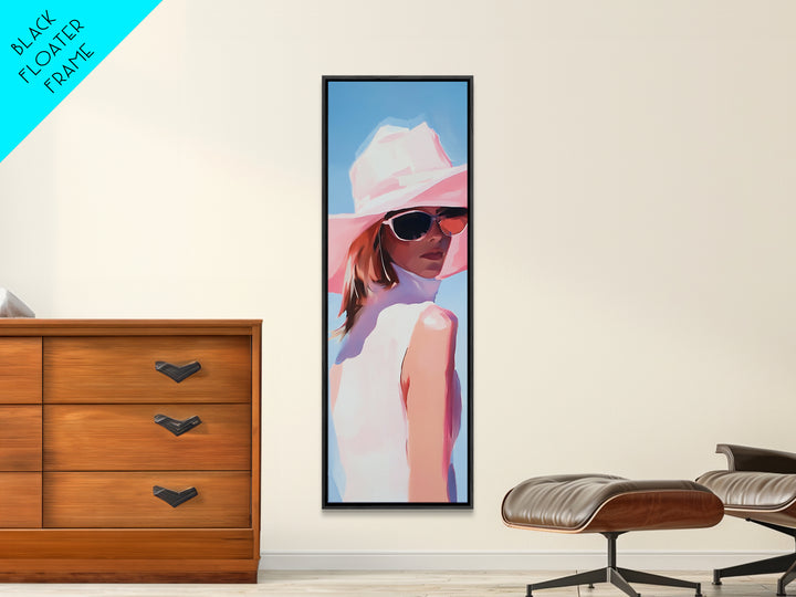 Chic Woman in Pink Hat Light Pink Wall Art Framed Canvas Print Fashion Illustration Modern Home Decor Bedroom Art