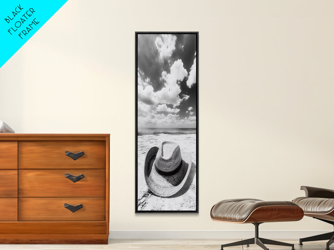Straw Cowboy Hat, Beach Photography, Framed Canvas Print, Coastal Cowgirl, Wall Art, Rustic Décor, Minimalist Wall Art