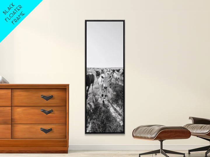 Running Cattle, Framed Canvas Print, rustic western wall art, cowboy décor, farmhouse art, above sofa art, panoramic painting, country home decor