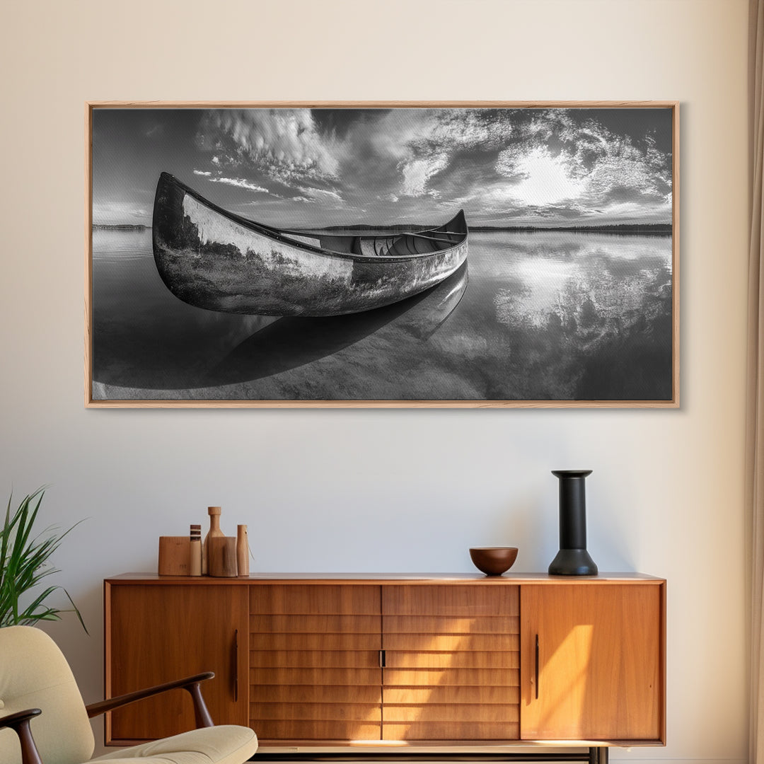 Canoe, Nautical Decor, Lake Tahoe Art, Coastal Wall Art, Above Couch Art, Rustic Art, Panoramic Painting, Framed Canvas Print