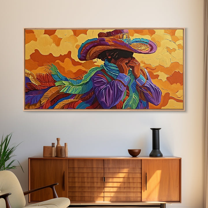Bold Cowboy Portrait, western art, chicano art, rustic wall art, southwest wall art, moody art, colorful oil painting, canvas print
