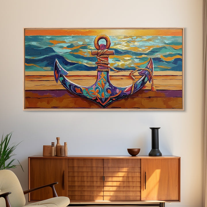 Anchor at Sunset, nautical painting, coastal decor, ocean art, framed canvas print, above sofa art, beach house decor, seascape