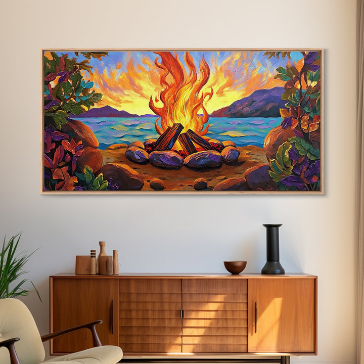 Campfire by Lake, bonfire painting, rustic wall art, mountain painting, framed canvas print, above sofa art, cozy night decor