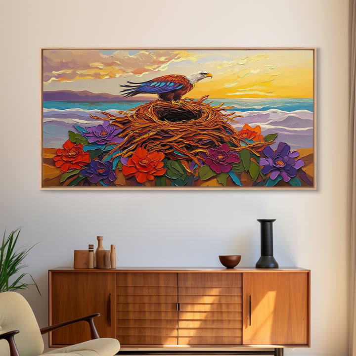 Bald Eagle Nest, bird art, mountain painting, moody art, southwest wall art, patriotic decor, nature art, Framed Canvas Print