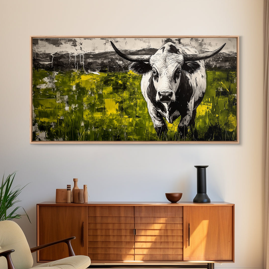 Bull Painting, rustic wall art, bull and bear art, farmhouse decor, green wall art, bold statement art, dramatic painting, Canvas Print