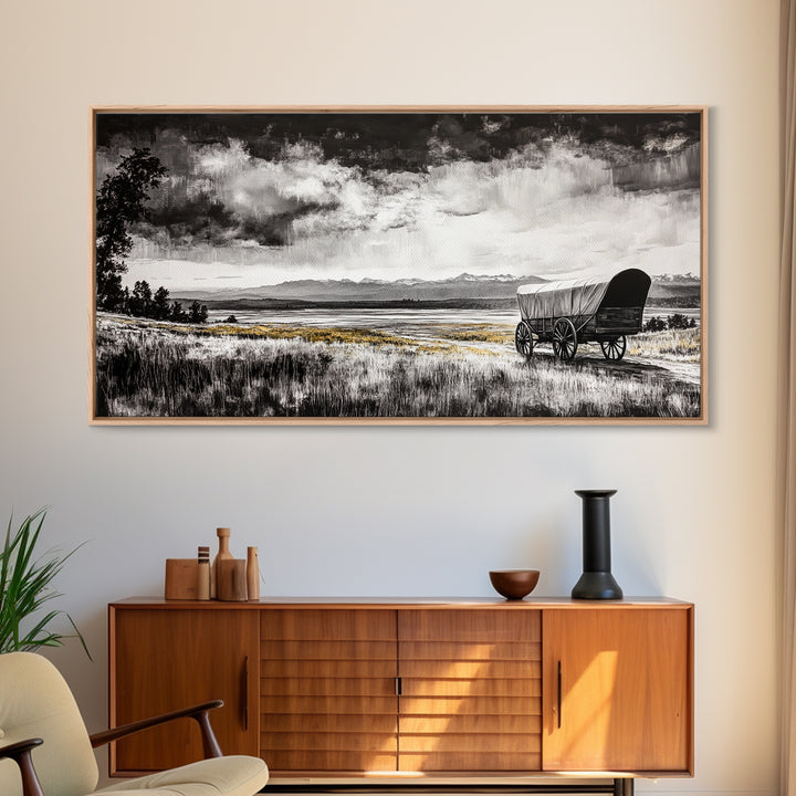 Covered Wagon, barn landscape oil painting, rustic wall art, farmhouse decor, panoramic art, smoky mountain art, Framed Canvas Print, landscape