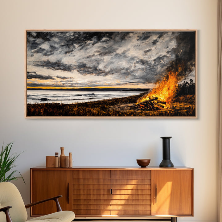 Campfire, forest at dusk painting, smoky mountain art, extra wide art, autumn decor, wabi sabi art, Framed Canvas Print, above couch art