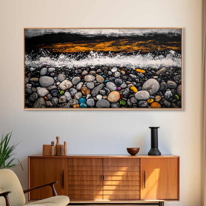 Pebble Beach, coastal landscape art, wabi sabi art, rustic decor, moody art, panoramic painting, seascape painting, Framed Canvas Print, zen art
